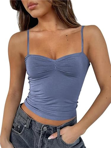 FOFAINWE Ärmlös hjärtformad urringning crop tank toppar rygglös spagettiremmar plissé bustier Y2K Camis utekväll topp, Askblå, M