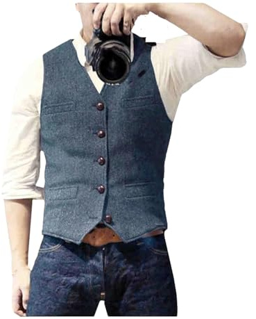 Kiioouu - Chaleco clásico informal para hombre, con cuello en V, patrón en espiga, ajustado, para negocios, para boda, Azul marino claro, XL