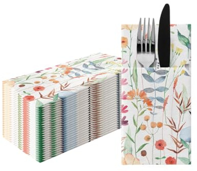 PAW - Besteckservietten aus Airlaid - Stoffähnlich (1/8 falz) | 25 Stück | Ideal für Hochzeit, Taufe, Kommunion, Geburtstag | Serviettentaschen für Besteck | Aquarellblumen