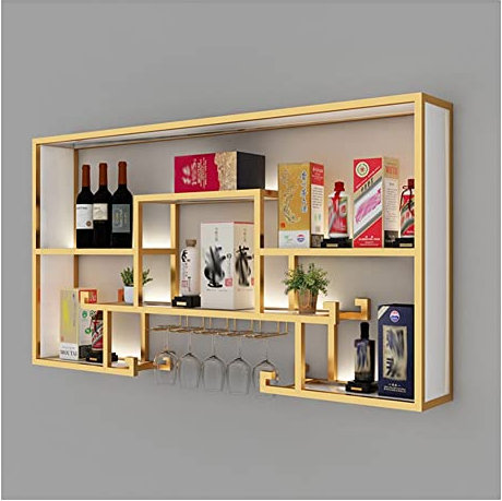 Weinregal Barregal, schwebende, beleuchtete LED-Regale, Metall-Weinflaschen- und Glasregal, Flaschenregal, kommerzielle beleuchtete Bar, Heim-Wandregale (Farbe: Gold, Größe: 150 x 20 x 80 cm