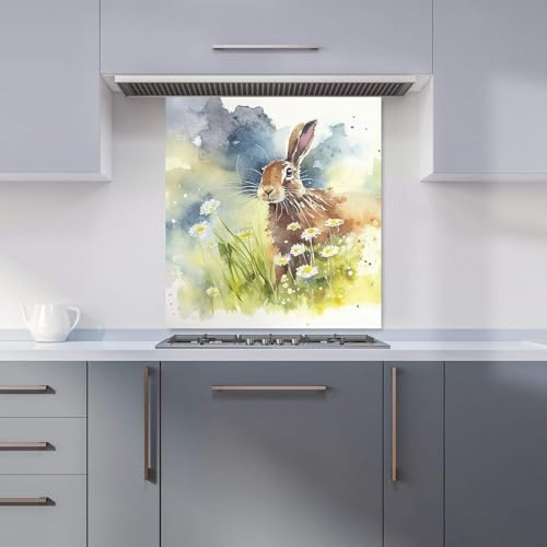 Premium Hare And Daisies Watercolour Kitchen Splashback 6mm Toughened Glass Kitchen Splashback – Heat Resistant Splashback for Kitchens, Perfect for Cookers and Hobs, Polished Edges