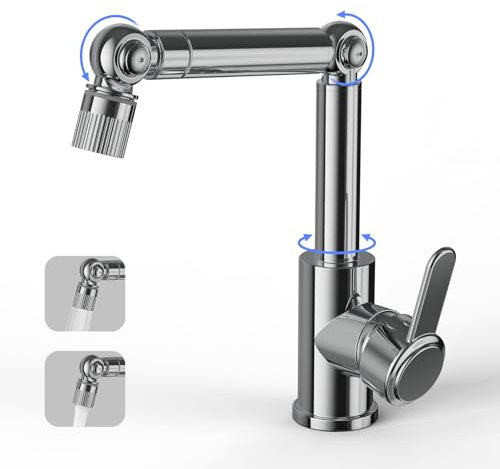 QHENS Miscelatore Lavabo Bagno, Prolunga Rubinetto Bagno, Rubinetto lavabo alto Girevole 360° con 2 Modalità ＆ Braccio Regolabile, Antigoccia ＆Anticalcare, Aeratore Rimovibile, Cromato