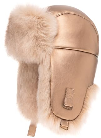 Futrzane Chapeau de Trappeur en Cuir - Chic Chapka Femme Hiver Chaud Fourrure (S, d'or - d'or Siberian)
