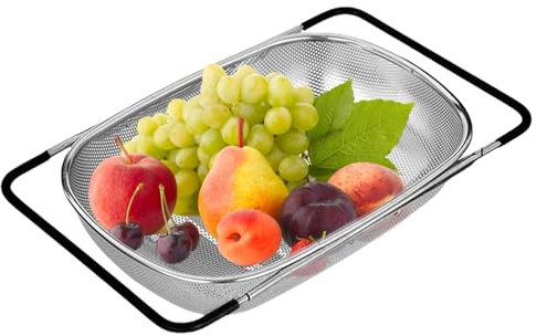 Scolapasta espandibile per lavello, in acciaio inox, colino da sopra il lavello, colino grande con manico, perfetto per sciacquare e scolare ingredienti cotti