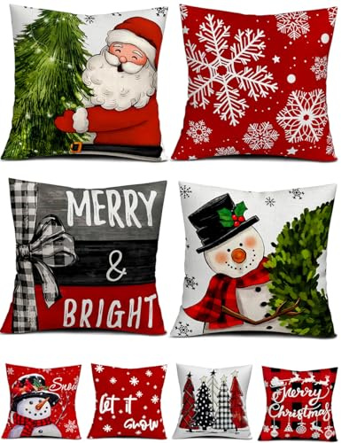 multiwins Christmas Decorations Set of 4 Double-Sided Print Christmas Pillow Covers 18 x 18, with 8 Cute Patterns, Throw Pillow Covers Perfect for Home Christmas Decor