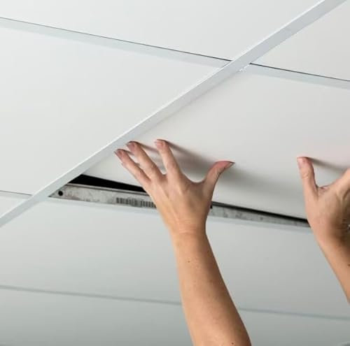 Suspended White Vinyl Ceiling Tiles – 595mm x 595mm (Fits 600mm x 600mm Grid) Easy-Clean & Wipeable | Pack of 10 Tiles | Covers 3.6m² per Box
