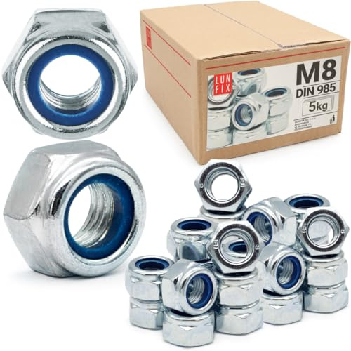 Écrous autobloquants M8 (5 kg) DIN 985, boulons et tiges filetées | écrous hexagonaux en acier zingué, écrou frein de blocage avec bague nylon, écrou autobloquant pour vis