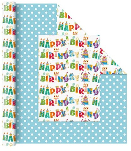 WERNNSAI Geburtstagsgeschenkpapier – 1 Rolle 43 cm x 10 m beidseitig verwendbares Happy Birthday Geschenkpapier weißes Geburtstagsgeschenkpapier für Kinder und Erwachsene festliche Geschenkdekoration