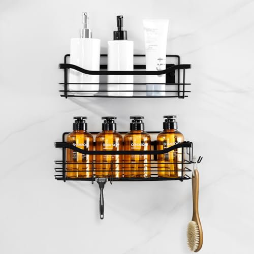AuraLum Estanteria Baño,Estantería Ducha sin Taladro,Estanteria Ducha Inoxidable,2 Piezas Bathroom Organizer,Organizador de Baño,Negro
