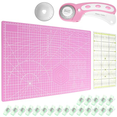 QWORK® 45 mm Cutter Rotatif pour Tissu Set, Tapis de Coupe A3, Lames de Rechange, Pinces à Tissu et règle de Patchwork, pour écoles et familles