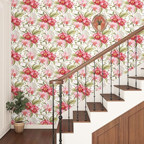 Skyblur Selbstklebende Tapete Blumen Rot Mustertapete Blätter Möbelfolie Muster Blumentapete Küchentapeten 44.5x260cm Tapete Schlafzimmer Wohnzimmer Schrankfolien Selbstklebend Klebefolie Blumen