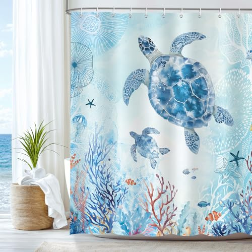 Dazzlewall Meeresschildkröten Korallenriff Duschvorhang Bad Anti-Schimmel | Tropische Meeresoptik, wasserabweisend, schnelltrocknend, waschbar, inkl. 12 Haken, für Dusche, Wanne & Gäste-WC