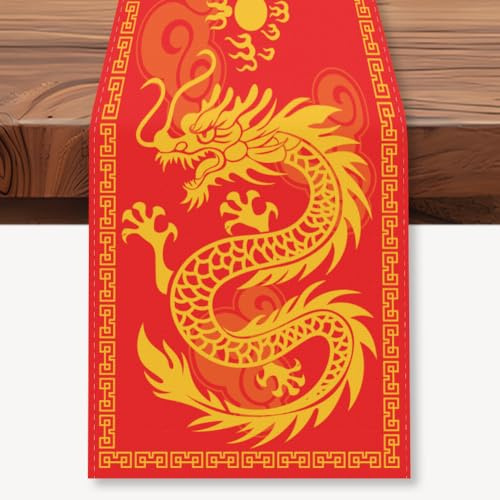WADORN Chemin de Table Imprimé Dragon Chinois, 33x183cm Chemin de Table Rouge en Lin Dragon Asiatique Décoration de Cuisine et Salle à Manger pour Nouvel Printemps Festival l'hiver Maison