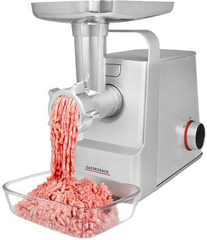 GASTROBACK DESIGN Fleischwolf 6-in-1 Plus #6 – elektrischer Fleischwolf mit 700 W, Rücklauf, Spritzgebäckvorsatz, Wurstfüller, Kebbeaufsatz, Burgerpresse, Edelstahlgehäuse, Zubehörfach