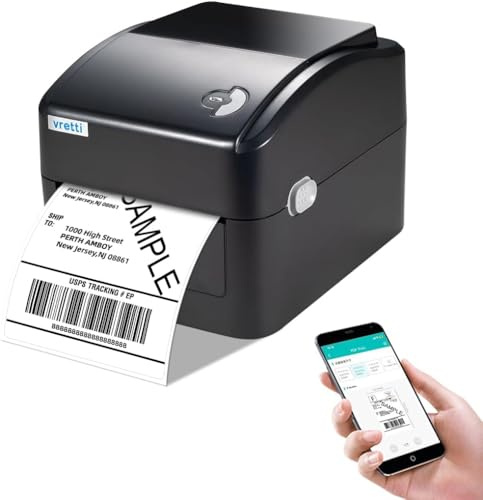 vretti Bluetooth DHL Etikettendrucker 4x6 Shipping Label Printer, | Versandetiketten 100 x 150 mm,Thermodrucker kompatibel mit DHL DPD UPS,99,99% Barcode-Scanrate,mit Papierfach