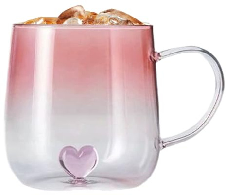 Glas-Kaffeetassen-Set – 3D-Herz-Design, Trinkgläser, Tasse, rosa Farbverläufe, Glas mit 3D-Herzverlauf, 400 ml Glasbecher für heiße Getränke, für Reisen, Weihnachten, Küche, Bar, Latte House Tea