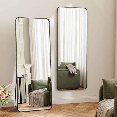 Riskioir 56 x 21 Full Length Mirror with Stand, Full Body Mirror Standing Floor Mirrors for Bedroom, Living Room, Entryway with Rounded Corner Aluminum Frame - Standing, Leaning, Hanging, Black