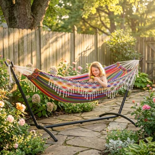 Mondeer Hängematte mit Gestell, Doppelhängematte, Boho, Mehrfarbig, 270cm | Hängematte Baumwolle, für 2 Personen, bis 200 kg. Ideal für Garten, Terrasse, Camping. Komfortabel, langlebig