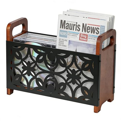 Yalitrca Zeitungsständer Holz, Zeitschriftenhalter mit floralem Metallmuster, moderner Magazinständer Aufbewahrung Organizer für Bücher, Magazine, Zeitungen, Wohnzimmer & Büro, 33x23.5x13 cm