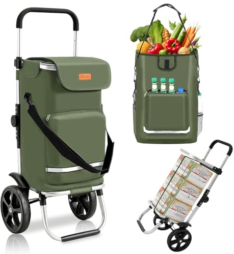 Sekey Einkaufstrolley klappbar 3in1, XXL Einkaufswagen | faltbar mit Kühlfach, Trolley mit Schultertasche, Olivgrün