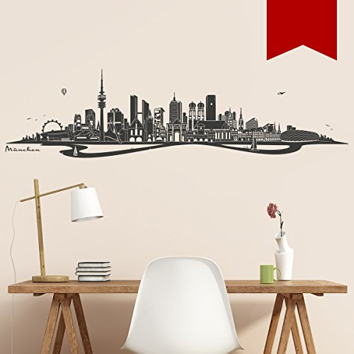 WANDKINGS Wandtattoo - Skyline München (mit Fluss) - 200 x 52 cm - Rot - Wähle aus 6 Größen & 35 Farben