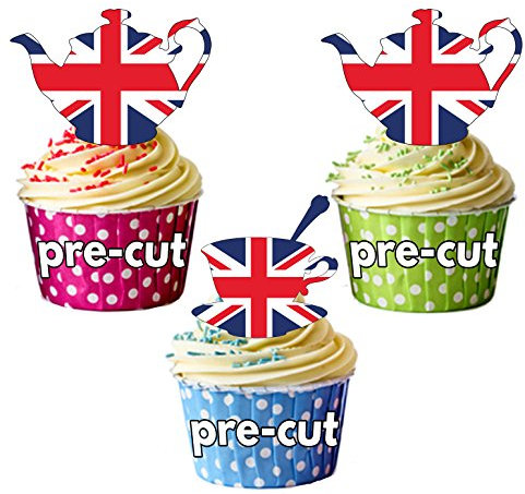 AK Giftshop PRE-CUT Union Jack, Tea Cup & Tea Pot Mix - Edible Cupcake Toppers/Cake Decorations Pack of 12