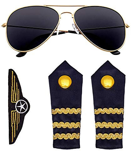 shoperama Piloten-Set Brille Kette Schulterklappen Abzeichen Flug-Kapitän Kostüm-Zubehör Flugbegleiterin