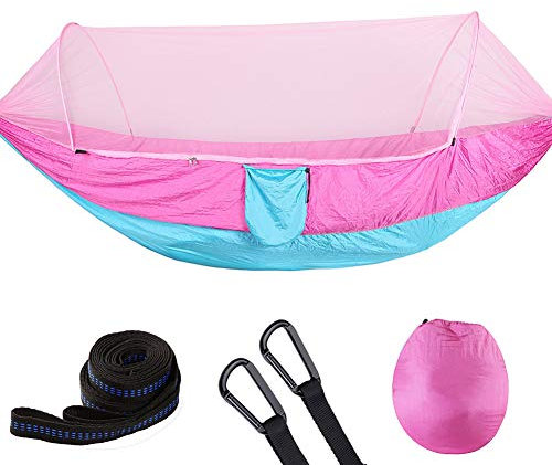 Hamaca para Acampar, Hamaca para Acampar Grande con mosquitera, hamacas paracaídas Dobles portátiles Rosado Azul S