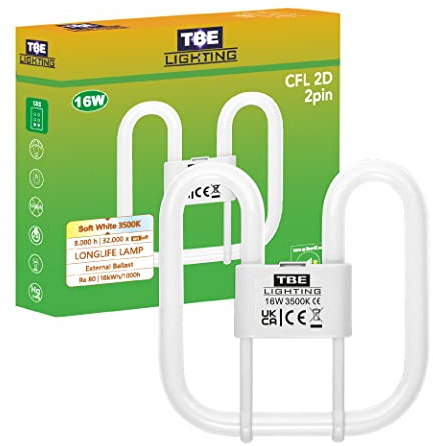 TBE Lighting Lampade a risparmio energetico CFL da 16 W 2D a 2 pin – Lampadine fluorescenti DD – Attacco base GR8 a 2 pin – Lampada a lunga durata, bianco morbido 3500 K (unità singola)
