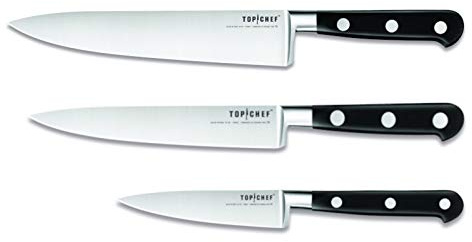 TB- Top Chef - Set de 3 Couteaux Top Chef - Couteau d’Office,Tranchelard et de Cuisine - Lames en Nitrox - Manches en POM - Fabriqués en France