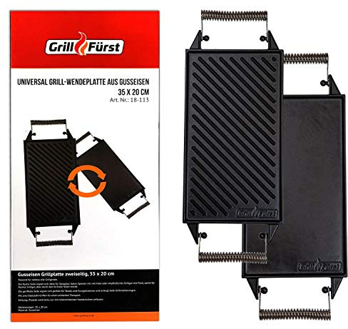 Grillfürst Universal Gusseisenplatte Grill 35 x 20 cm - massive Gusseisen Grillplatte mit großen Griffen, Gussplatte beidseitig verwendbar, für Gasgrill u. v. m.