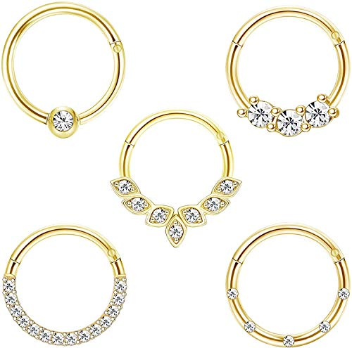 ADRAMATA Daith Boucles D'Oreilles Femme 16G Cartilage En Acier Inoxydable Helix Tragus Cerceau Nez Piercing Oreille Bijoux Argent Or Rose Or Noir Plaqué CZ Articulé Septum Clicker Anneaux 8MM 10MM