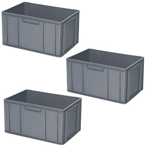 BRB 3x Eurobehälter mit 2 Griffleisten, LxBxH 600x400x320 mm, 63 Liter, grau