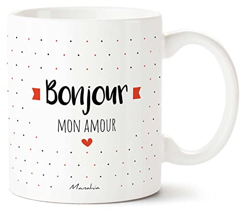 Manahia - Mug Bonjour Mon Amour - Cadeau Couple - Saint-Valentin | Tasse romantique copain - Cadeau message chéri amoureux original anniversaire & Noël - Boîte kraft - Imprimée en France