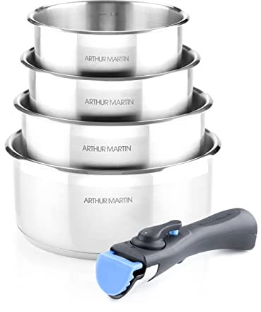 Arthur Martin 5589 Set di 5 pezzi in alluminio forgiato, interno satinato con graduazione, base a capsula, 1 manico rimovibile, tutti i tipi di piano cottura inclusa l'induzione - 4 pentole (14-20 cm)