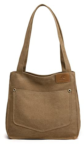 PORRASSO Bolsos de Mujer Lona Bolso de Hombro Retro Bolsa Tote Señoras Bolso de Mano para Escolares Trabajo Uso Diario Marrón
