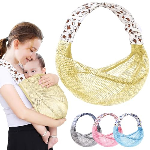 HINATAA Atmungsaktive Baby Tragetuch, Verstellbare Babytrage Wickeln, Schnell Trocknend, 3D Netzstoff, Dicken Schultergurten, Elastisch für Sommer, Pool, Strand, Tragen von Neugeborenen (Gelb)