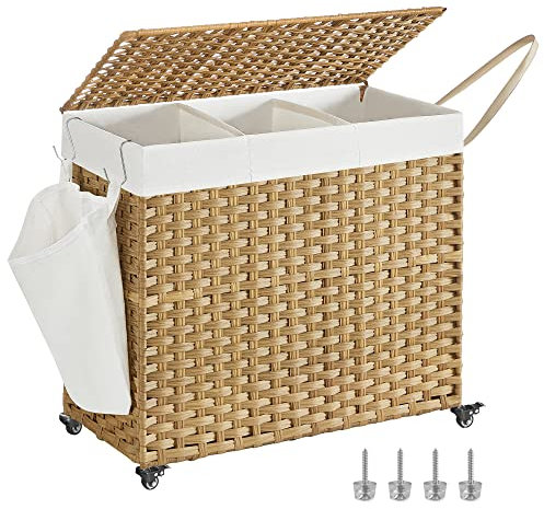 SONGMICS Cesto Portabiancheria con Coperchio, 160L, Cesta Biancheria in Rattan Sintetico con Ruote, 3 Scomparti, Sacco Rimovibile, Lavanderia Camera da Letto, 70 x 36 x 66 cm, Naturale LCB365N01