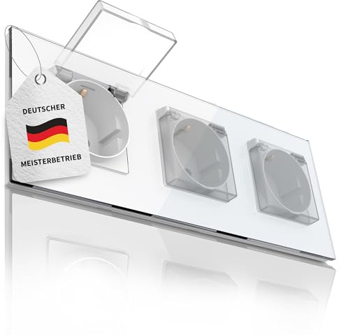 PULSAR Unterputz-Steckdose mit Deckel 3-Fach Glas Weiß, Klappdeckel | Steckdose mit Deckel Unterputz Weiß 3-Fach Glas, Wandsteckdose 230 V / 16 A für Feuchträume, Steckdose mit Klappe