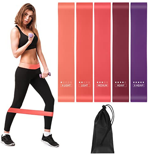 5 STK Gymnastikbänder, Widerstandsbänder, Elastische Fitnessbänder, Resistance Bands mit 5 STK verschiedenen Widerstandsstufen, für Stretching Yoga, mit Tragetasche und Anleitung (A)