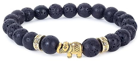 VIVAANTA® echtes Natursteinarmband mit goldenem Elefanten und 8mm Natursteinperlen (Lavastein)