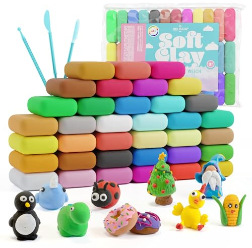 Belissia Kids Soft Clay Spiel Ton 36 Farben Modelliermasse lufttrocknend