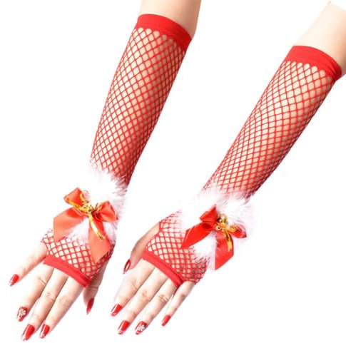 Yurosiay Weihnachten Fischnetz Handschuhe Damen Lang Rot Netzhandschuhe Mit Schleife Glocken Fingerlose Mesh Handschuhe Party Elastisch Abendhandschuhe Weiße Federn Weihnachtshandschuhe 23cm