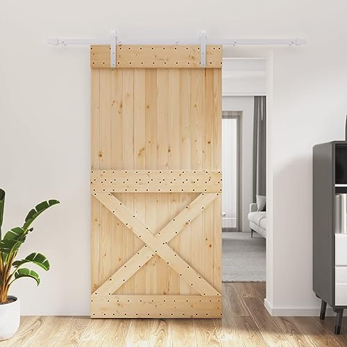 Baziroo Schiebetür mit Beschlag Weiß 100x3,6x210 cm Massives Kiefernholz und Stahl Schwebetür Sliding Door Schibetür Wohnzimmertuer Zimmertür Holz Zimmertüren Scheunentor Holztuer Innentüren