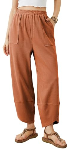 Xiaoxuemeng Womens Baggy Wide Leg Pants Casual Elastic Waisted Palazzo Harem Pants with Pockets (Orange-L)