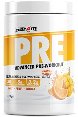 Per4m Pre Workout Powder | Intense Pump, Sustained Energy & Mental Focus | L-Citrulline, Beta Alanine & Caffeine & Added Hydration (570g, Orange & Mango)