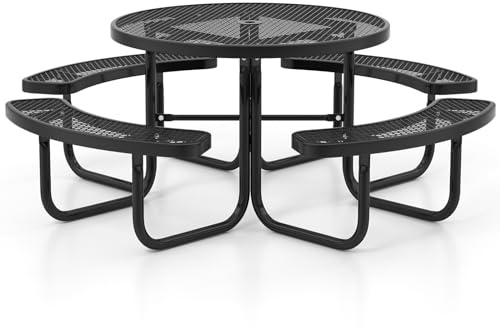 GIANTEX Runder Picknicktisch Set Outdoor, Bierzeltgarnitur Sitzgarnitur für 8 Personen, Gartentisch mit 4 Bänken, Biertisch mit Schirmloch, Garten Sitzgruppe wetterfest aus beschichtetem Metall