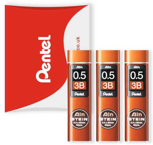 Pentel Ain Stein Druckminen – für Automatik/Druckbleistifte – in Pentel Kissenverpackung – 0,5 mm Klasse 3B – 3 Stück (120 Minen)