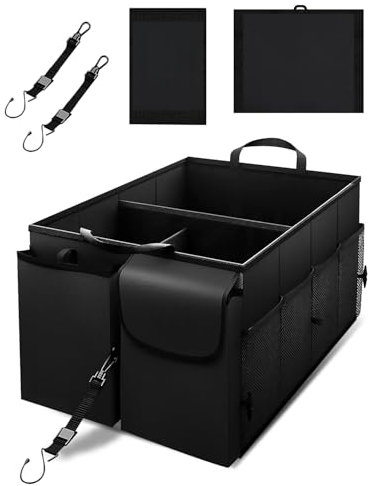 FANNOU Kofferraum Organizer, Zusammenklappbarer Kofferraumtasche mit 3 Fächern 4 Seitentaschen 2 Fronttasche, Rutschfester Boden, Tragfähigkeit 30kg, Verstellbare Sicherungsriemen, Schwarz
