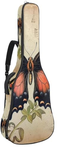 Gitarrentasche für Akustikgitarre mit zwei Taschen, Vintage-Kunst, Schmetterling, wasserabweisend, doppelt verstellbarer Schultergurt, Gitarrentasche, Vintage-Kunst-Schmetterling, 42.9x16.9x4.7 in,
